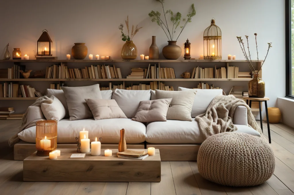 Modern American Furniture living room with cream sofa, wooden coffee table, leather accent chair, and bright natural home interior for furniture buying guide.