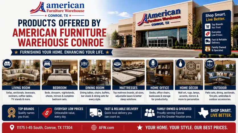 American Furniture Warehouse Conroe TX furniture collection featuring living room, bedroom, dining room, mattresses, office furniture, outdoor furniture, and home décor.