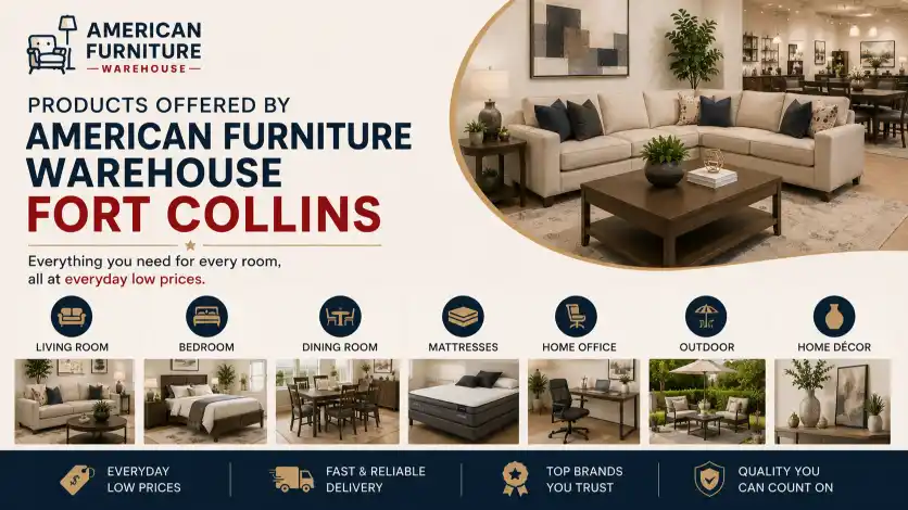 American Furniture Warehouse Fort Collins furniture selection including sofas, bedroom sets, dining tables, mattresses, home office furniture, outdoor furniture, and home décor.
