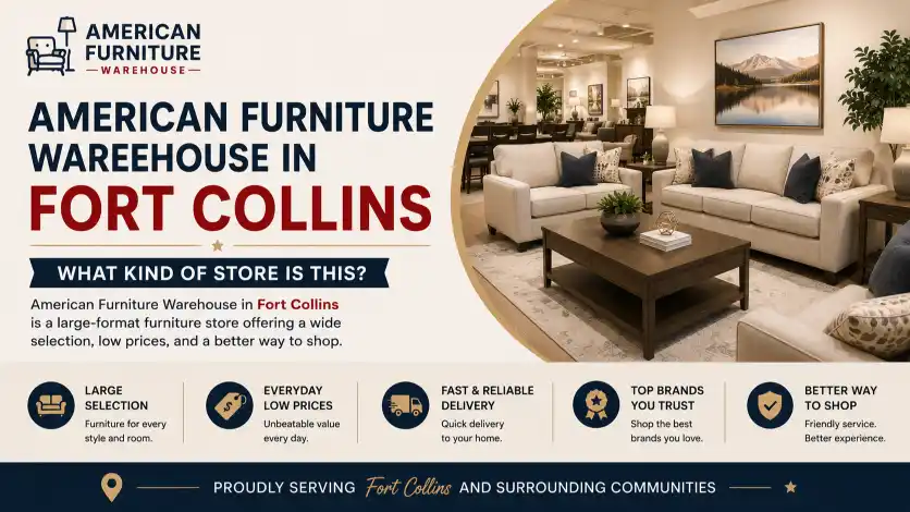 American Furniture Warehouse Fort Collins large-format furniture store showcasing living room, bedroom, dining room, mattresses, and home décor collections.