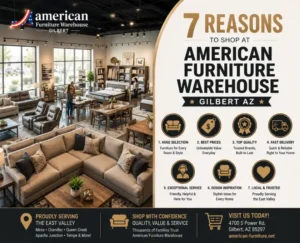 Modern American Furniture Warehouse Gilbert AZ showroom featuring sofas, recliners, dining sets, bedroom furniture, and home décor displays with shoppers exploring the store.