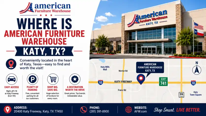American Furniture Warehouse Katy TX location map showing convenient access, parking, nearby highways, and directions to the furniture showroom.