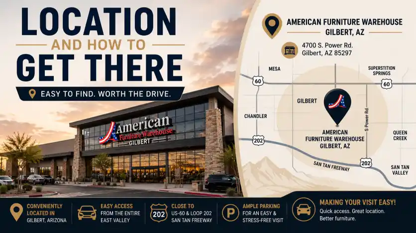 Directions to American Furniture Warehouse Colorado Springs with location details, parking information, and easy access routes.