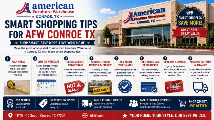 Best time to shop at American Furniture Warehouse Conroe TX during holiday sales, clearance events, weekday shopping, and seasonal promotions.