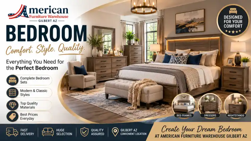 Elegant bedroom furniture set at American Furniture Warehouse Gilbert AZ including a storage bed, dresser, nightstands, and comfortable bedding in a modern design.