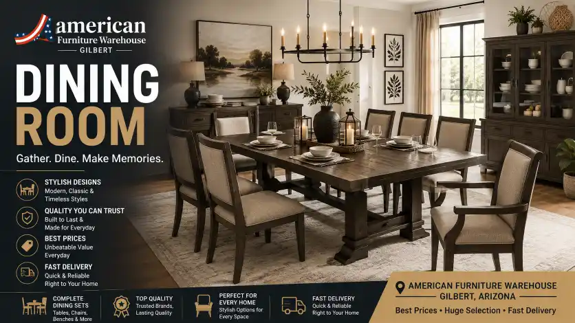 Dining room furniture at American Furniture Warehouse Gilbert AZ featuring dining tables, chairs, buffets, and complete dining sets for every home.