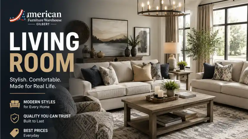 Stylish living room furniture collection at American Furniture Warehouse Gilbert AZ featuring modern sofas, accent chairs, coffee tables, and contemporary home décor.