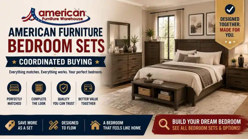 American Furniture Beds with matching bedroom furniture including dressers, mirrors, nightstands, and storage solutions for a coordinated bedroom.