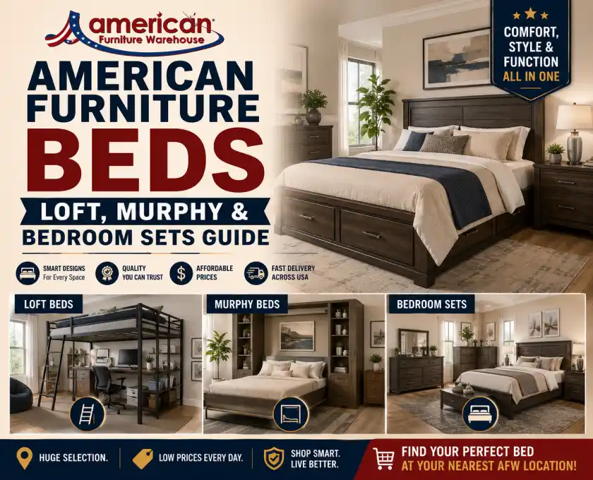 American Furniture Beds complete buying guide featuring loft beds, Murphy beds, bedroom sets, twin beds, sofa beds, mattresses, and smart bedroom furniture ideas.