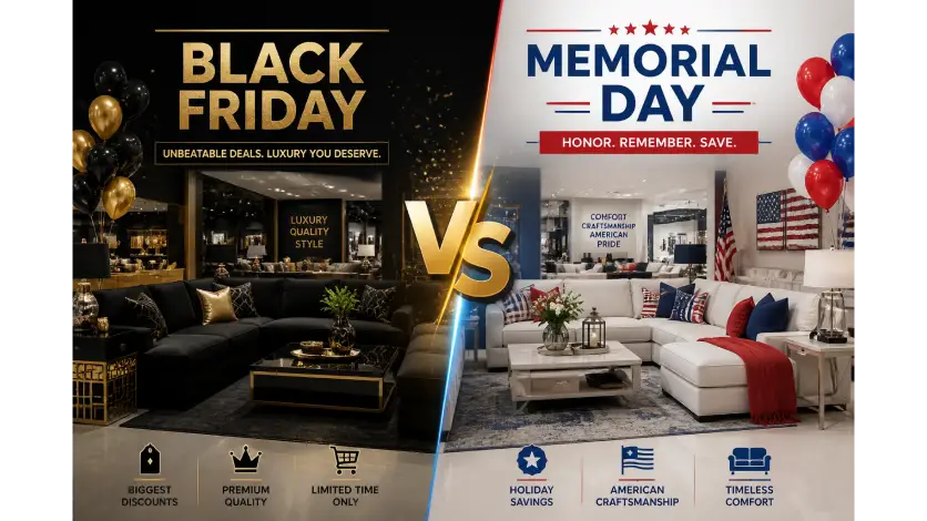 American furniture black friday sales vs Memorial Day sale comparison highlighting furniture discounts, seasonal offers, and smart shopping choices.