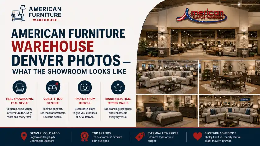 American Furniture Warehouse Denver photos showing spacious furniture displays, modern room settings, mattresses, dining collections, and stylish home décor.