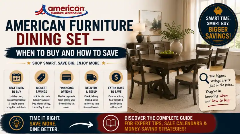 American Furniture Dining Table shopping guide highlighting the best sales, financing offers, bundle deals, and seasonal furniture discounts.