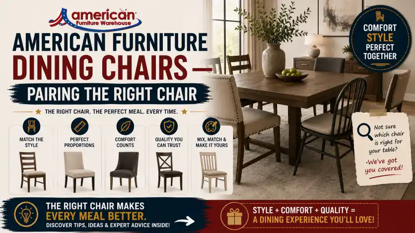 American Furniture Dining Table paired with comfortable upholstered, wooden, and modern dining chairs for the perfect dining room setup.
