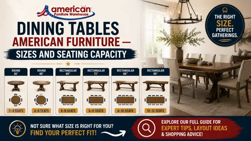 American Furniture Dining Table size chart helping homeowners choose the perfect dining table based on room size and seating capacity.