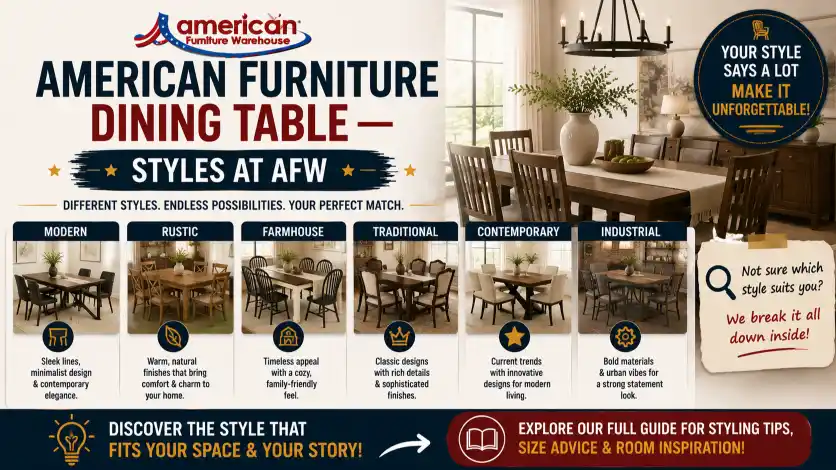Discover American Furniture Dining Table styles including farmhouse, rustic, modern, industrial, and contemporary designs for every dining room.