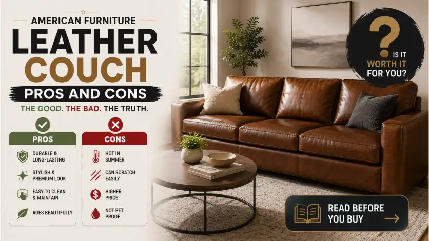 American Furniture Leather Couch pros and cons guide highlighting durability, maintenance, style benefits, and possible drawbacks.