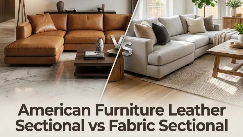 American furniture sectional sofa comparison between premium leather and fabric sectional styles in a modern living room