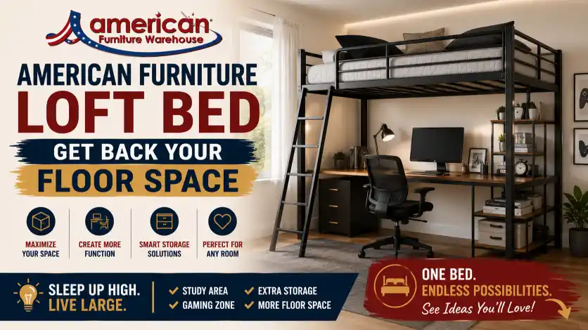 American Furniture Beds loft bed maximizing small bedroom space with elevated sleeping areas, storage, and workspace underneath.