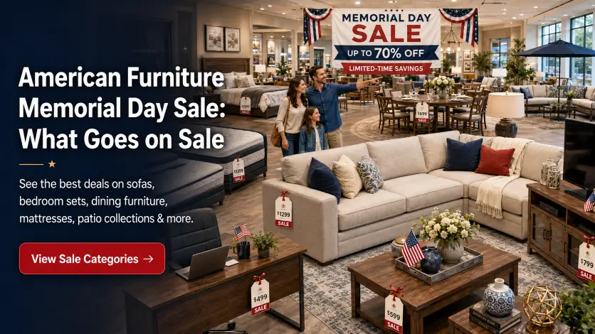 Modern furniture showroom displaying Memorial Day deals on sofas, mattresses, bedroom furniture, dining sets, patio furniture, office desks, and décor.