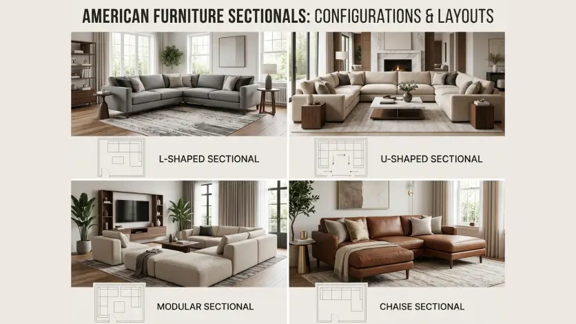 American furniture sectional sofa configurations including L-shaped, U-shaped, modular, and chaise layouts