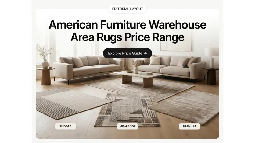 American Furniture Warehouse area rugs price range chart comparing synthetic, wool, and natural fiber rug costs by size.