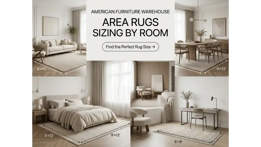 American Furniture Warehouse area rugs size chart by room showing living room, bedroom, dining room, and hallway rug dimensions.