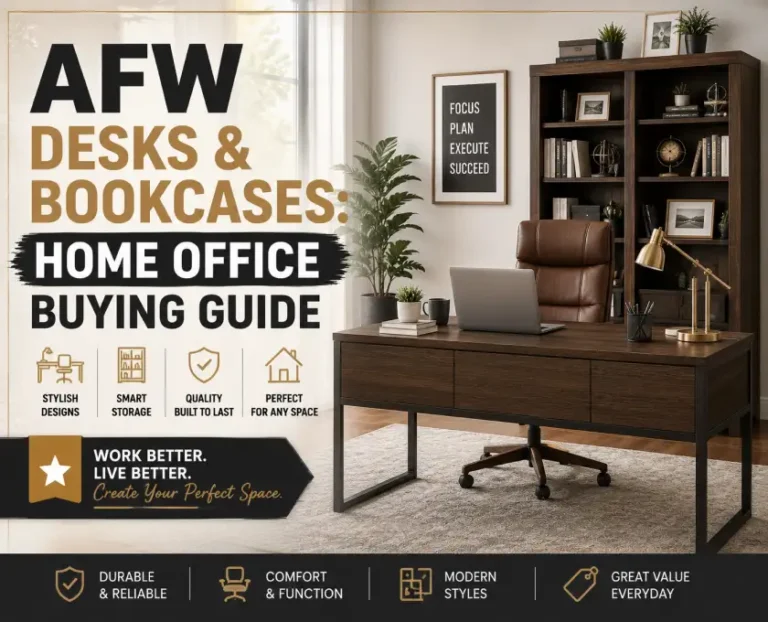 American Furniture Warehouse Desk and bookcase buying guide featuring modern home office furniture with stylish storage solutions.