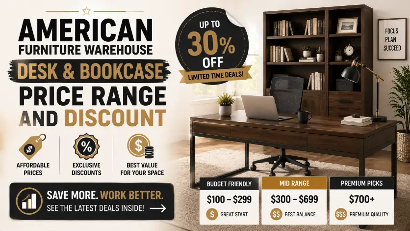 American Furniture Warehouse Desk price range guide featuring budget-friendly, mid-range, and premium desk and bookcase options.