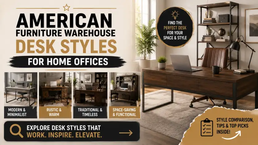 American Furniture Warehouse Desk styles featuring modern, rustic, executive, and space-saving home office desk designs.