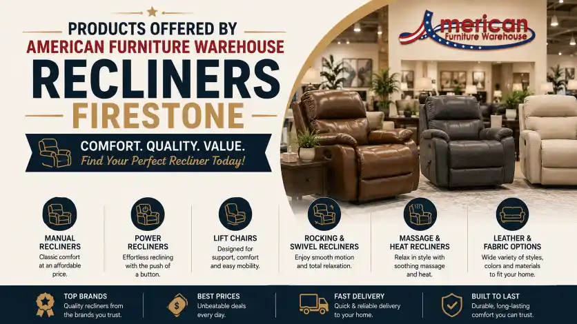 American Furniture Warehouse Firestone CO showroom offering leather recliners, power recliners, lift chairs, swivel recliners, massage chairs, and premium living room furniture.