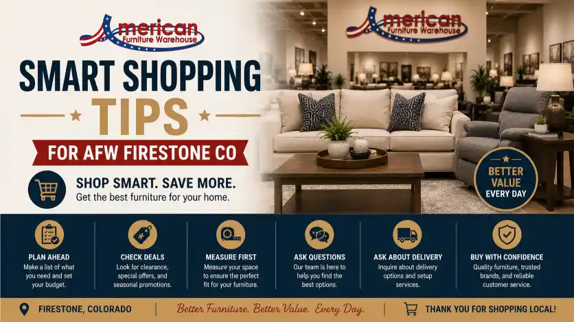 Smart shopping guide for American Furniture Warehouse Firestone CO with furniture buying tips, clearance savings, financing information, delivery services, and showroom planning advice.