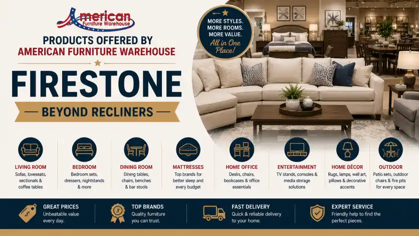 American Furniture Warehouse Firestone CO featuring living room furniture, bedroom collections, dining room sets, mattresses, office furniture, outdoor furniture, and home décor.