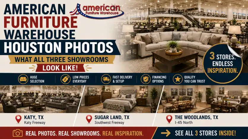 American Furniture Warehouse Houston showroom interior showcasing modern sofas, sectionals, recliners, bedroom furniture, dining sets, mattresses, and stylish home décor.