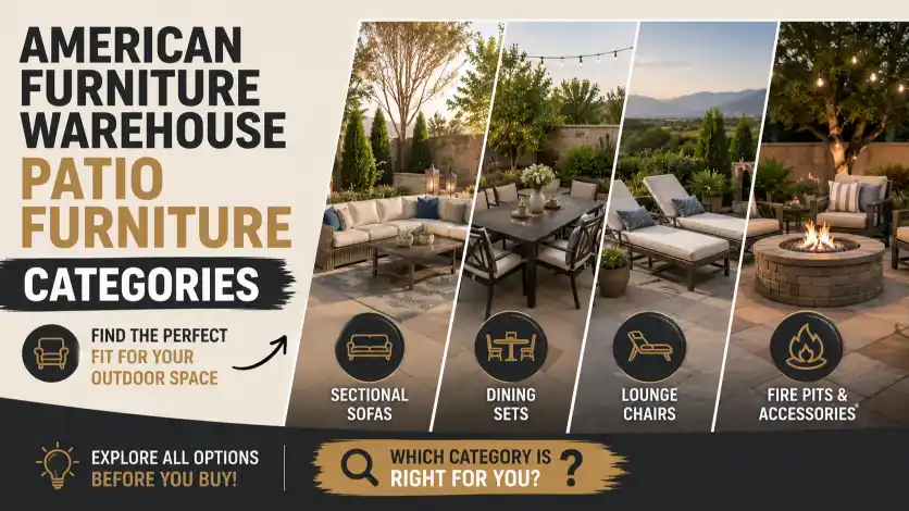 American Furniture Warehouse Patio furniture categories featuring outdoor sofas, dining sets, lounge chairs, and fire pit collections.