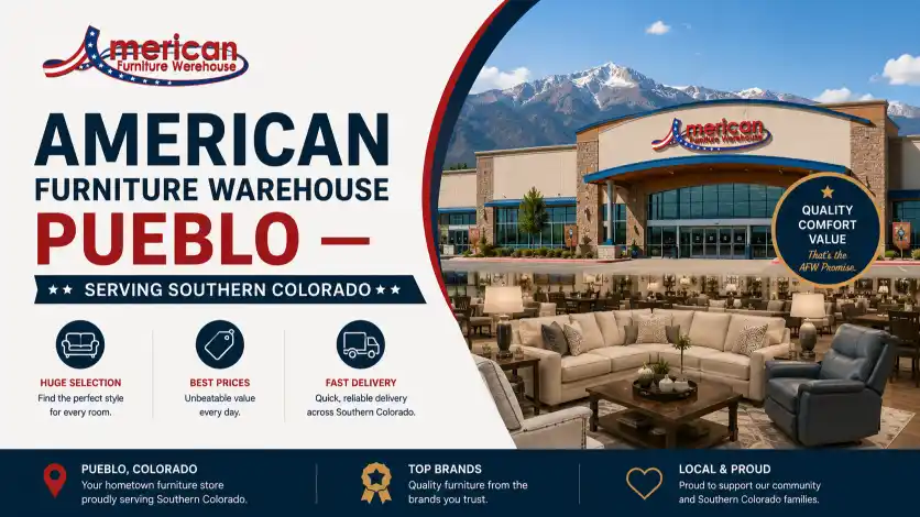 American Furniture Warehouse Pueblo showroom with living room, bedroom, dining furniture, mattresses, home décor, and everyday low prices.