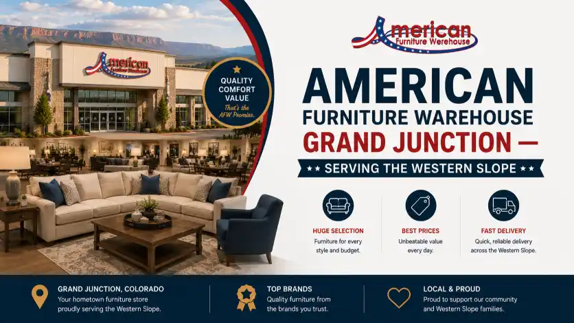American Furniture Warehouse Pueblo style showroom featuring sofas, recliners, bedroom furniture, dining sets, mattresses, office furniture, and decorative accessories.