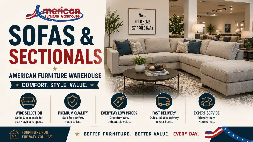American Furniture Warehouse sofas and sectionals including reclining sofas, leather couches, fabric sectionals, modular seating, sleeper sofas, and contemporary living room furniture.