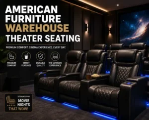 American Furniture Warehouse Theater Seating featuring premium home theater recliners with cup holders and modern cinema-style comfort.