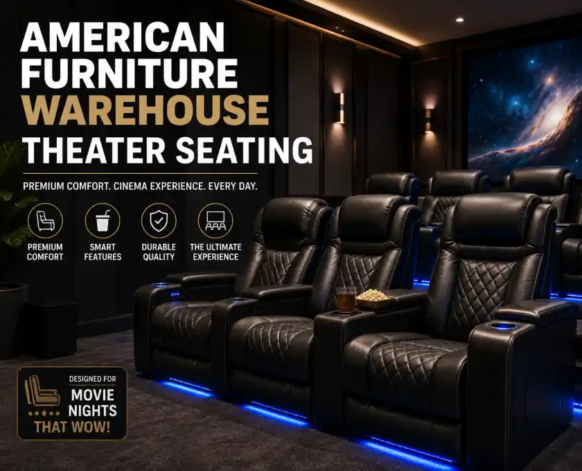American Furniture Warehouse Theater Seating featuring premium home theater recliners with cup holders and modern cinema-style comfort.