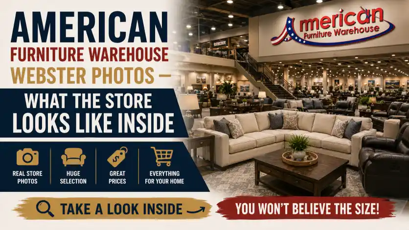 American Furniture Warehouse Webster TX showroom interior featuring stylish living room displays, bedroom collections, dining furniture, recliners, mattresses, home décor, and spacious shopping aisles.