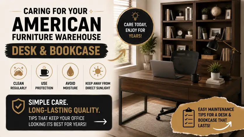 American Furniture Warehouse Desk care guide with cleaning, maintenance, and protection tips for long-lasting office furniture.