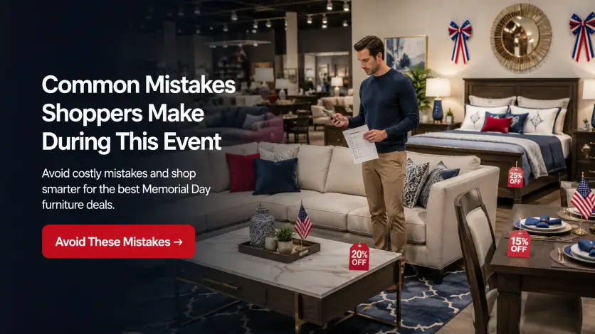 Shopper comparing furniture prices with a checklist and smartphone during a Memorial Day sale in a modern American furniture showroom.