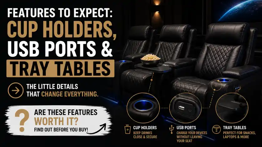 American Furniture Warehouse Theater Seating with built-in cup holders, USB charging ports, tray tables, and luxury entertainment features.