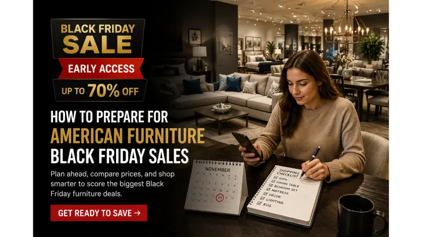 American furniture black friday sales preparation guide featuring a shopping checklist, price comparison, and luxury furniture showroom.