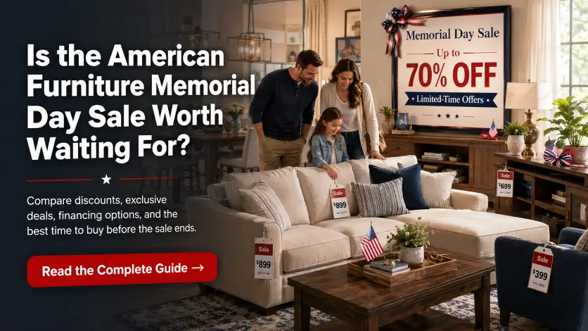 Couple comparing Memorial Day furniture sale prices in a modern showroom with sectional sofas, limited-time offers, and up to 70% off savings.