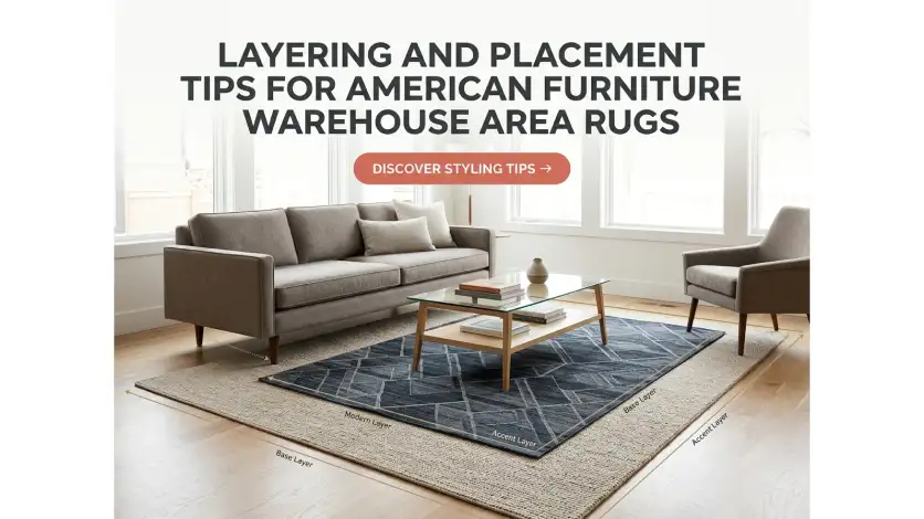 American Furniture Warehouse area rugs layering and placement tips featuring rug pads, rotation, and open-concept room arrangement.