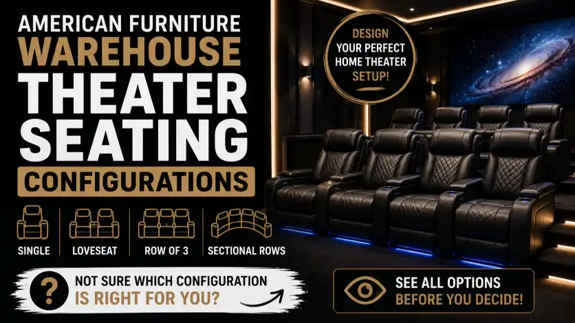 American Furniture Warehouse Theater Seating configurations showing single seats, loveseats, rows, and modular home theater layouts.