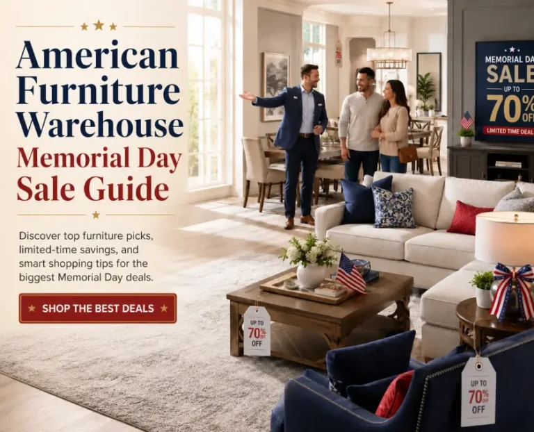 American Furniture Warehouse Memorial Day sale guide featuring a luxury furniture showroom, sectional sofa, dining set, sale signs, and up to 70% off deals.