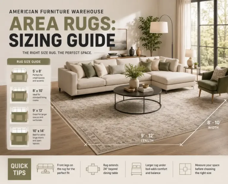 American Furniture Warehouse area rugs sizing guide featuring standard rug sizes, materials, placement tips, and pricing for every room.