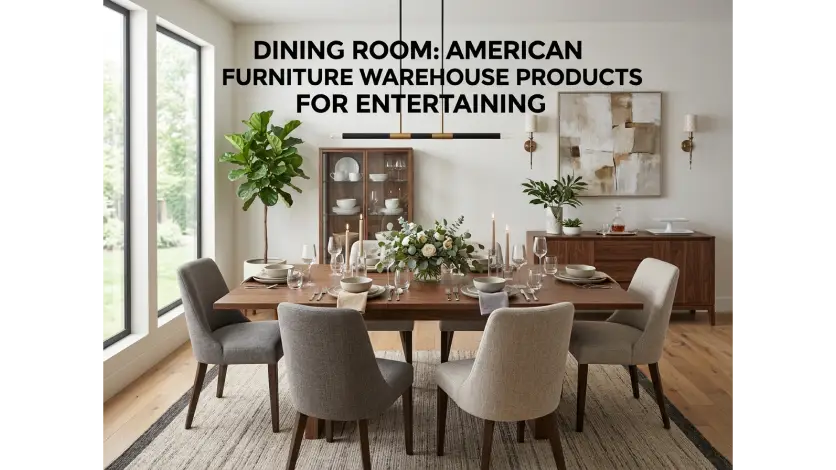American furniture warehouse products for dining rooms with elegant tables, chairs, and storage cabinets